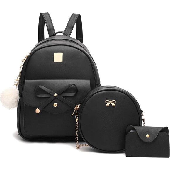 Chic Black Bowknot Backpack for Girls - Durable PU Leather, Perfect for Travel - Picture 1 of 6